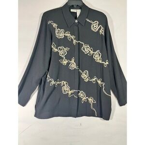 Koret Embroidered Floral Rose Button Front Blouse Women M Black Grannycore
Chic